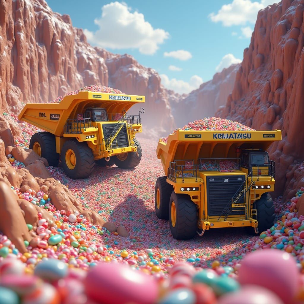 Candy Quarry with Construction Vehicles, Realistic Fantasy A...