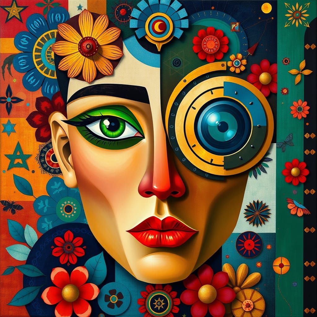 Surreal Cubist Portrait in Vibrant Oil and Vector Art