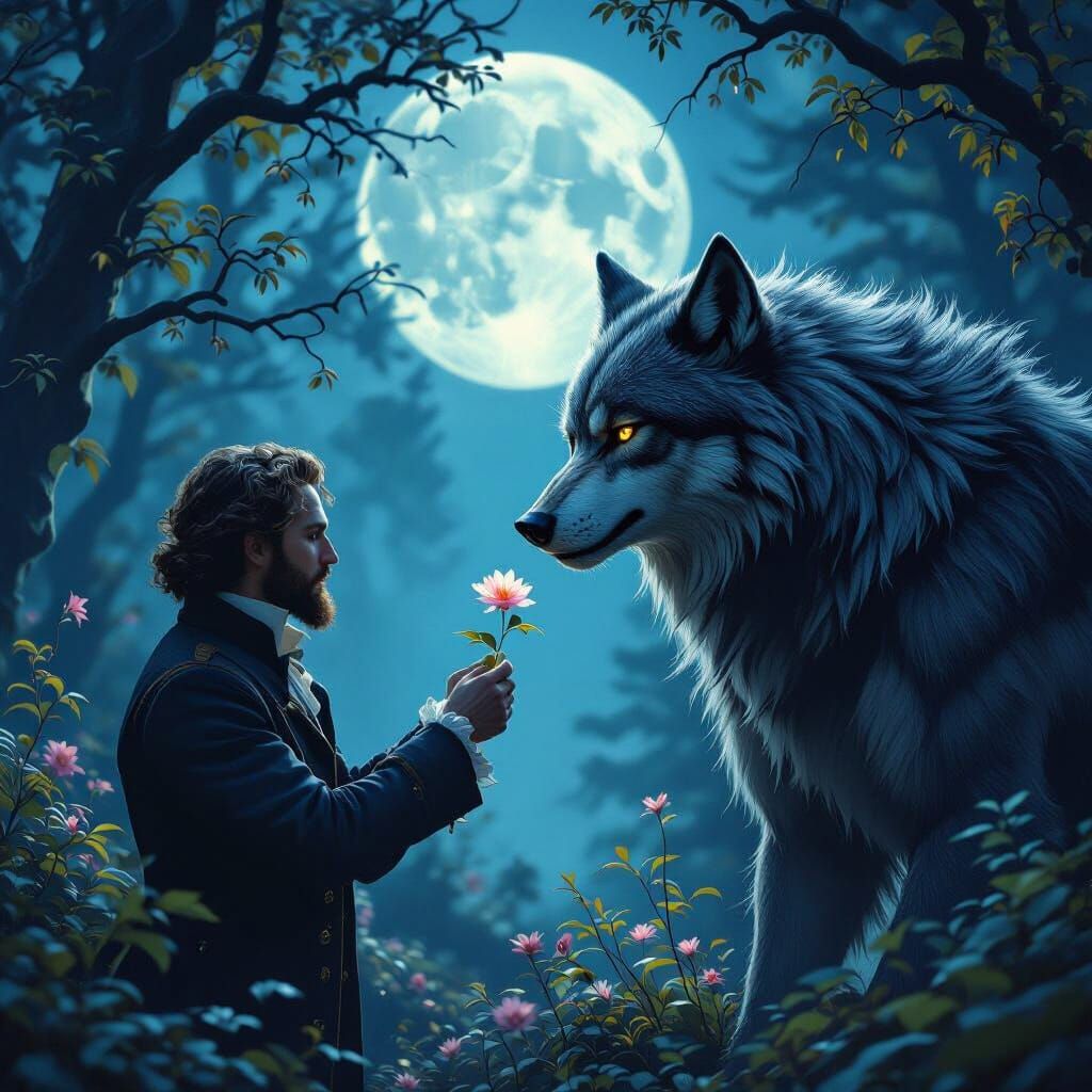 Victorian Man Offers Flower to Werewolf