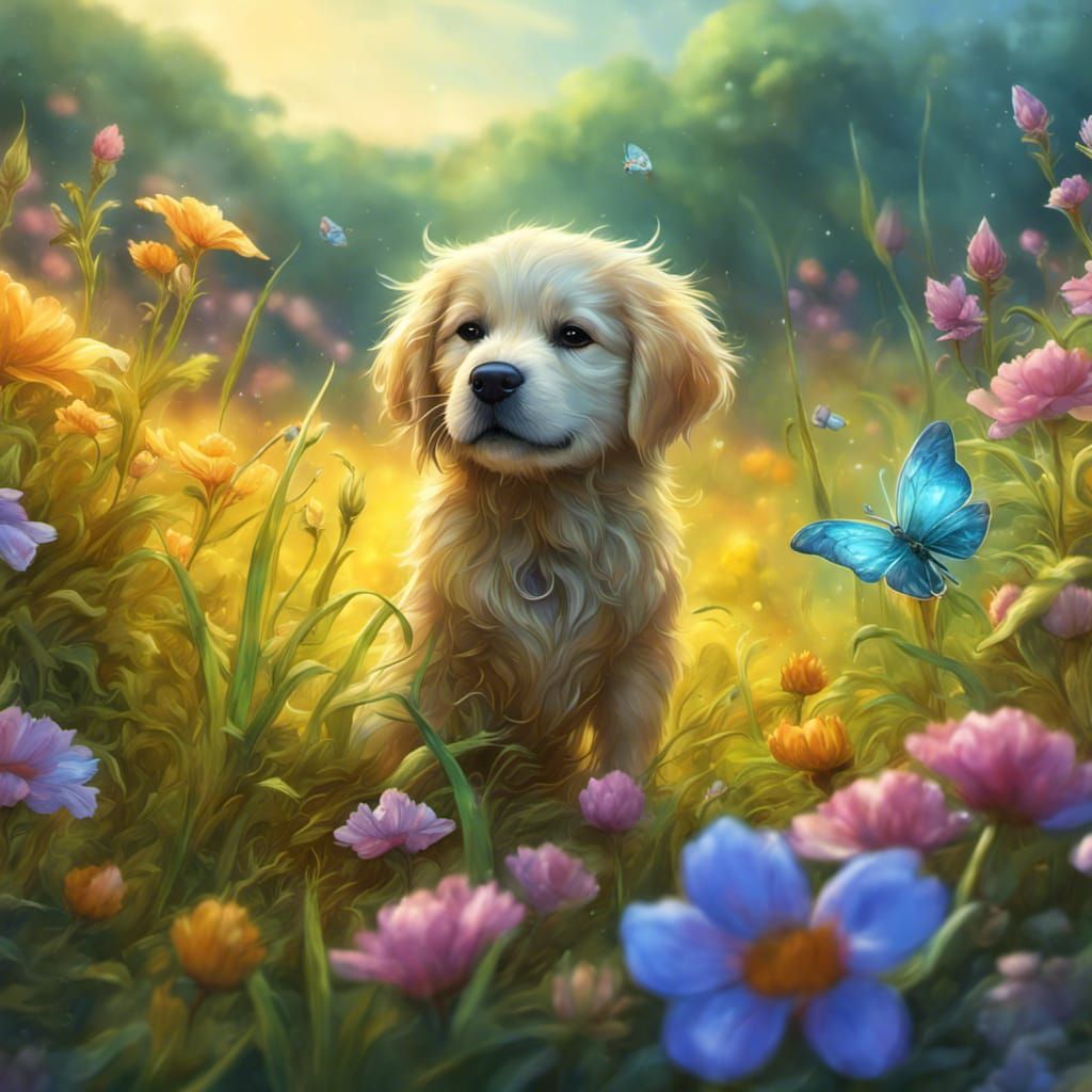 Golden Retriever Puppy and Chibi Grasshopper Art