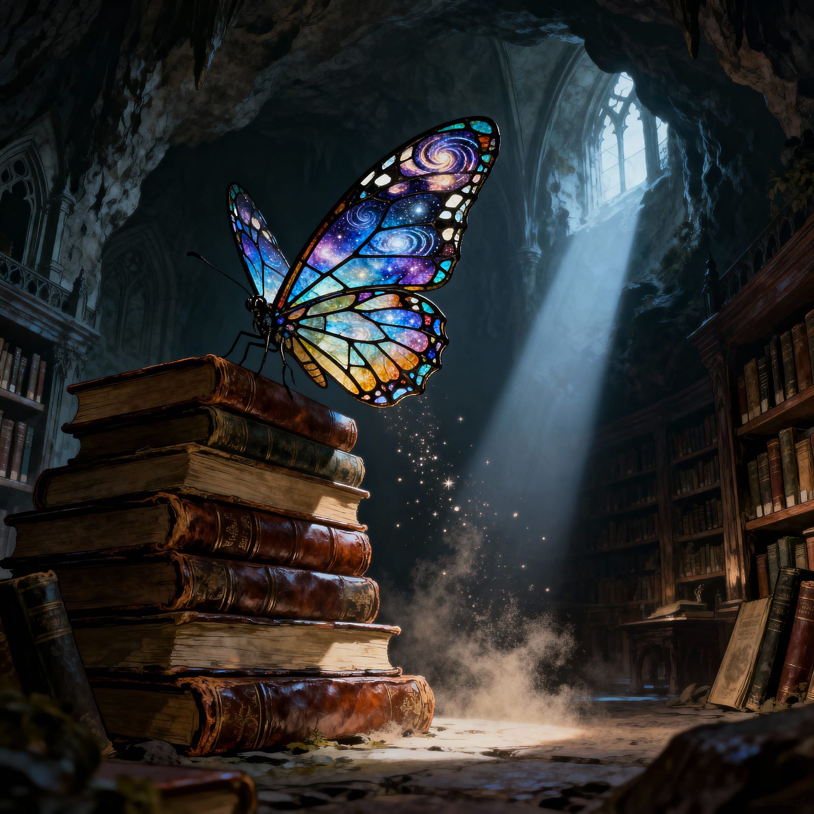 Galaxy Stained Glass Butterfly Alights on Ancient Books