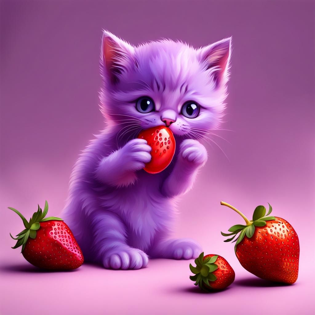 Cute Purple Kitten Eating a Strawberry