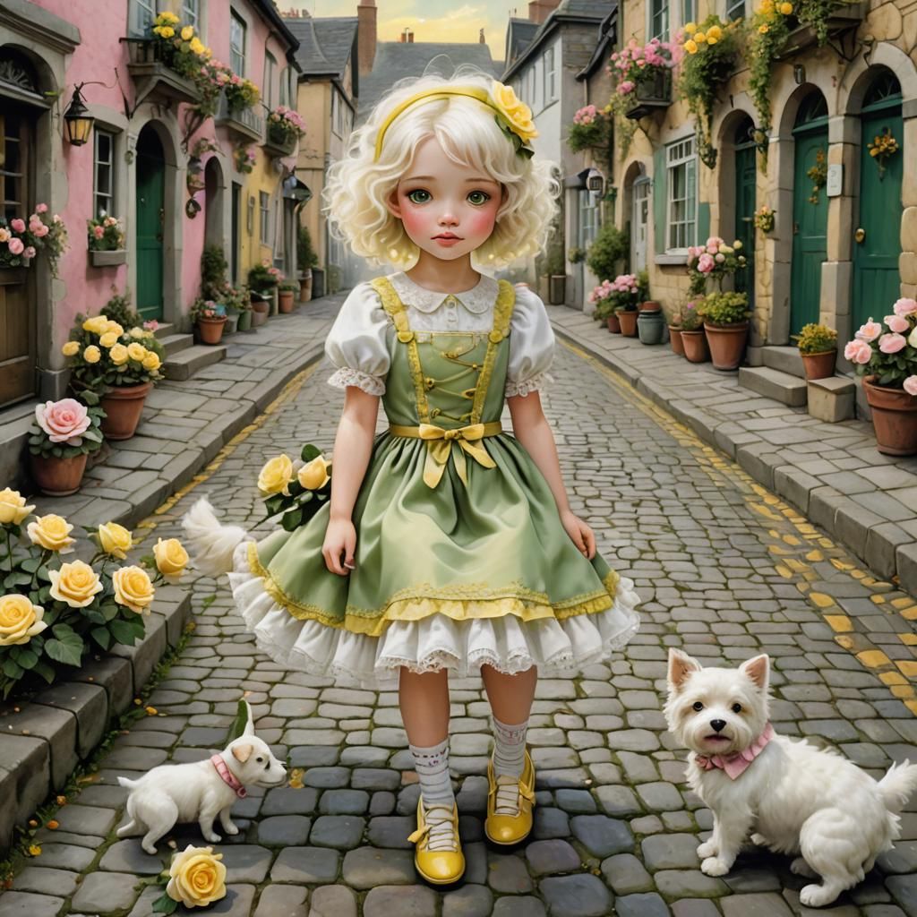 Whimsical Airbrushed Girl with Dog in Fantasy Street
