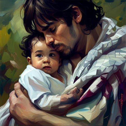 Touching Oil Painting: Man Holding Baby in Graffiti Art Styl...