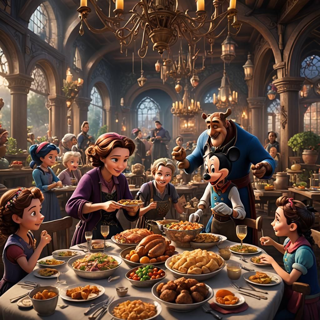 Disney Characters Family Dinner: Detailed Matte Painting