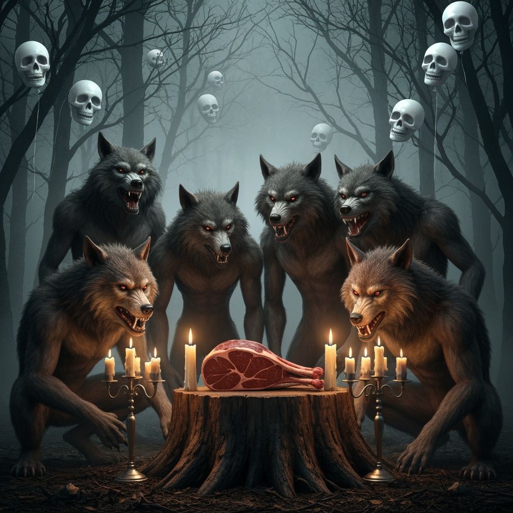 Werewolves Celebrate with Meat in Eerie Forest