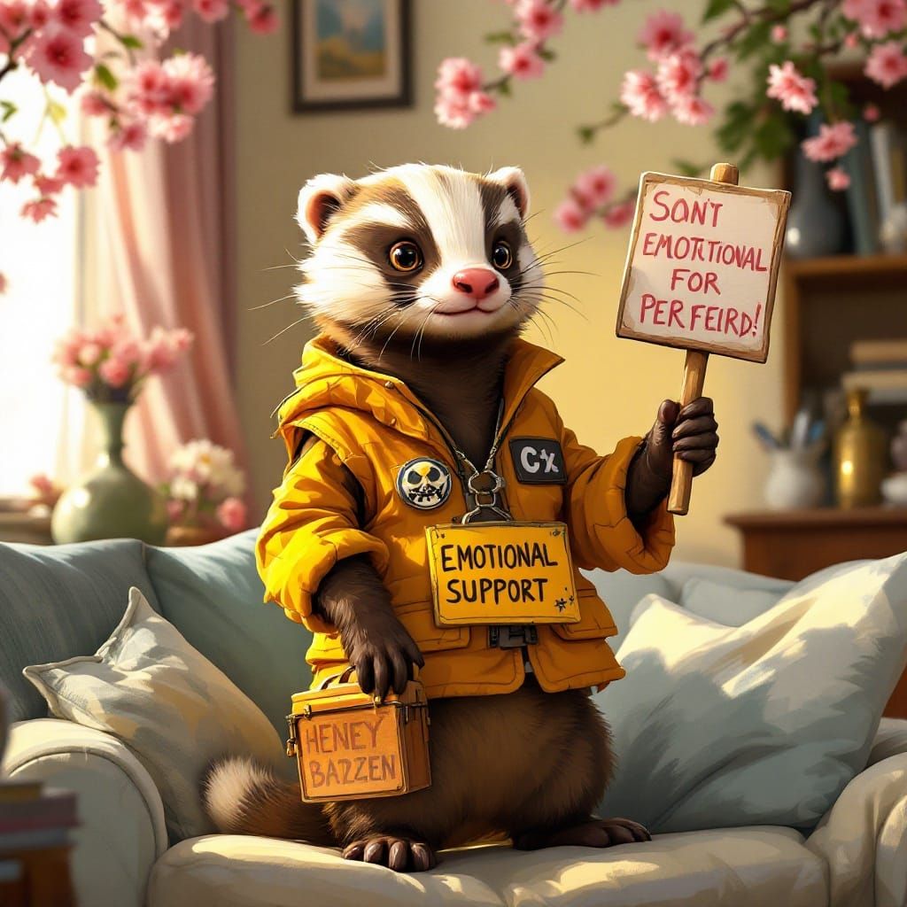 Honey Badger in Emotional Support Vest, Stylized Illustratio...