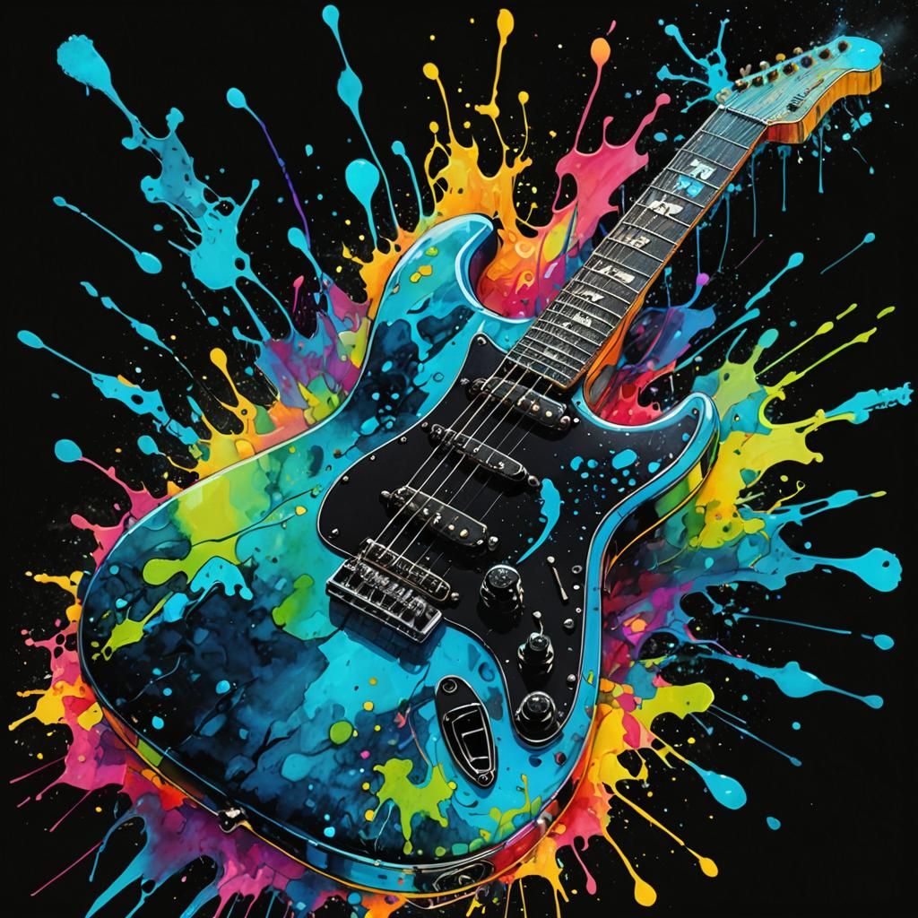 Neon Electric Guitar with Bioluminescent Notes