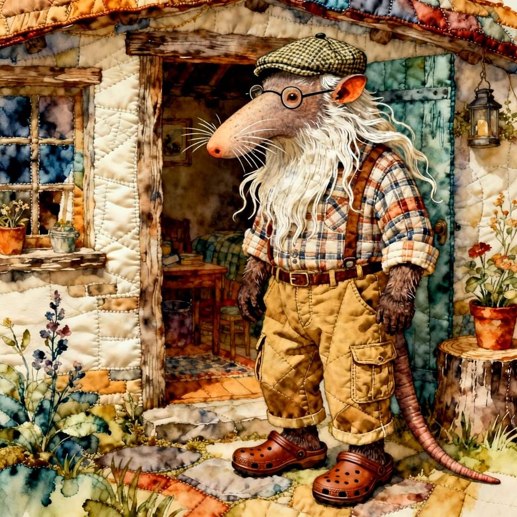 Whimsical Aardvark Outside Rustic Cottage