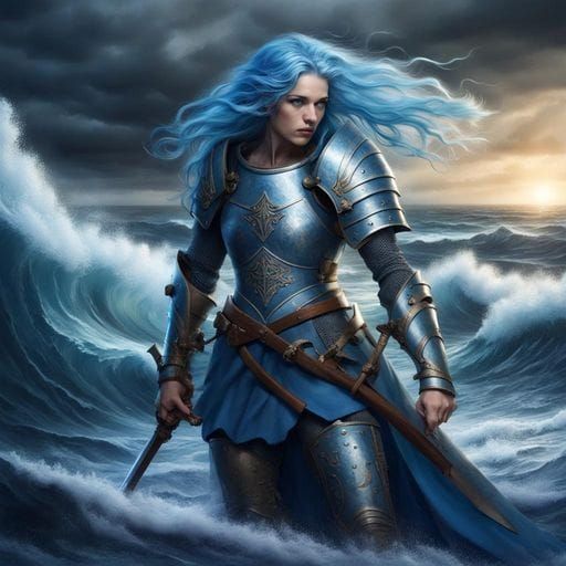 Female Medieval Warrior Confronts Tsunami at Night