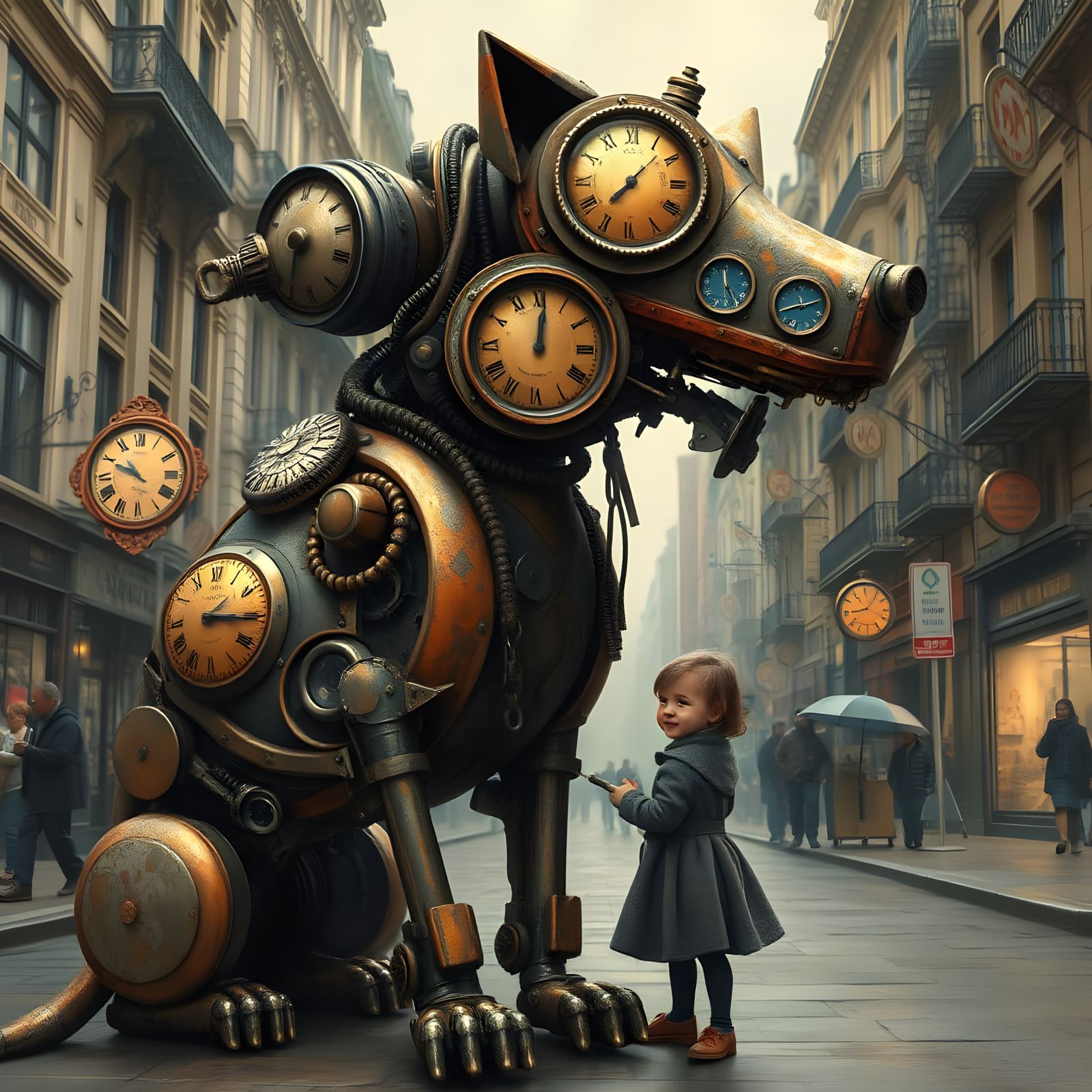 Steampunk Clockwork Dog Helps Girl in City