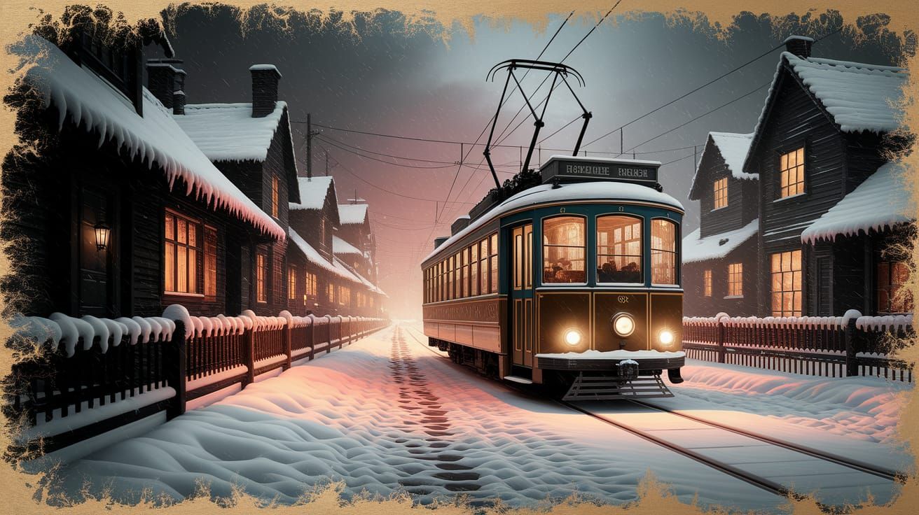 Victorian Horror Tram in Snowy Village Night