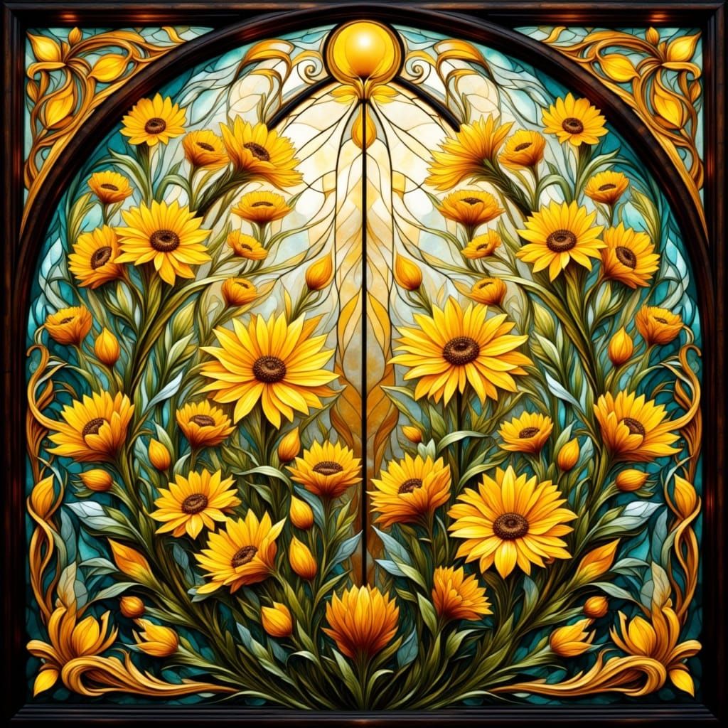 Stained Glass Flowers in Art Nouveau Style
