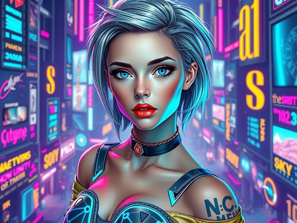 Futuristic Cyberpunk Princess in Neon-Drenched Cityscape