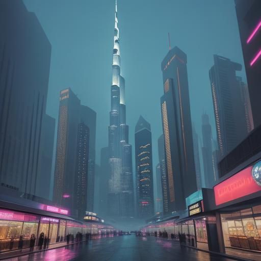 Futuristic Dubai Snowfall: Neon Cityscape at Night
