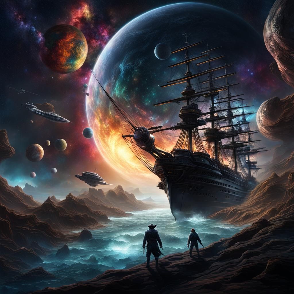 Sci-Fi Space Pirates Chase Ship in Colorful Galaxy