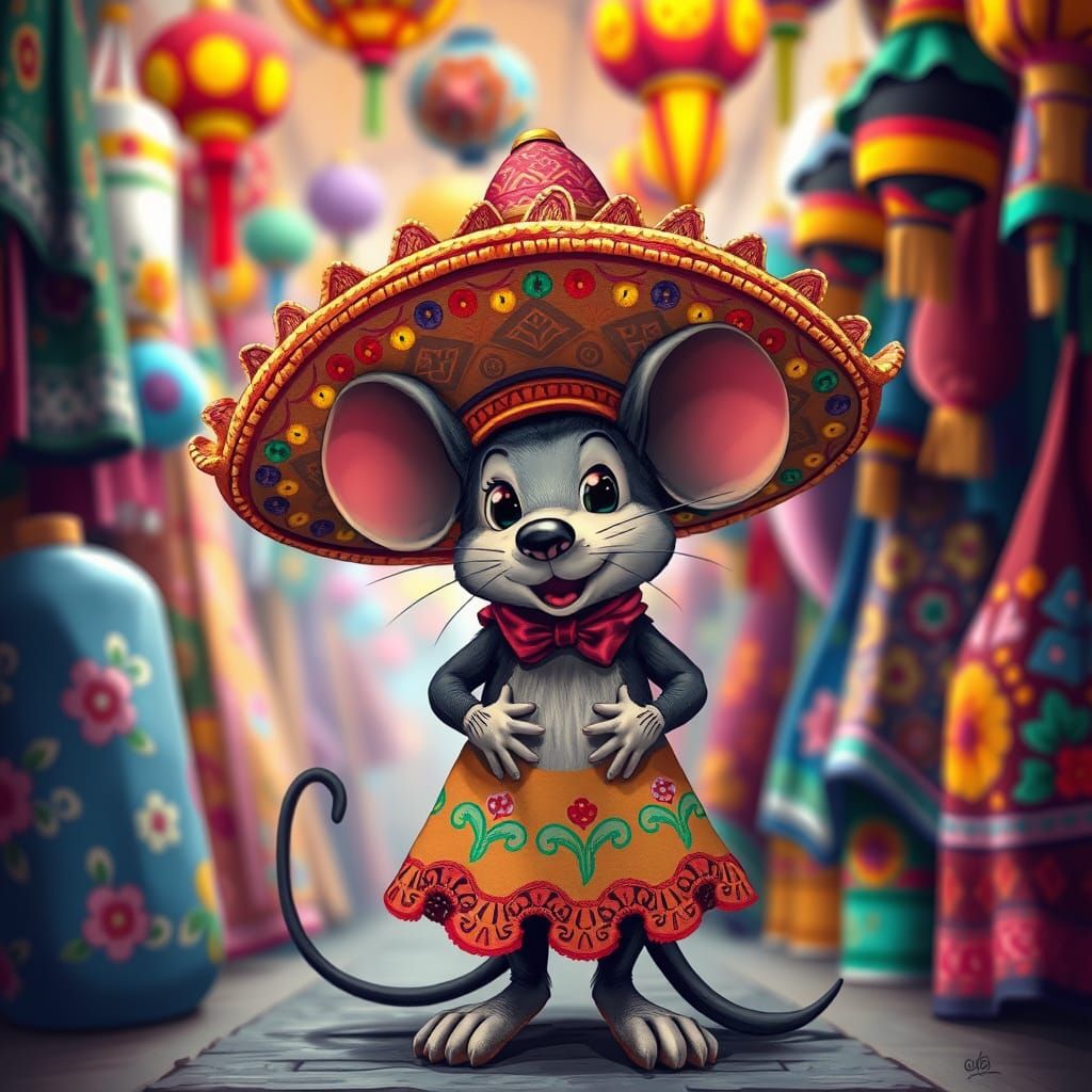 Mouse with Sombrero in Mexican Market, Pop Surrealism