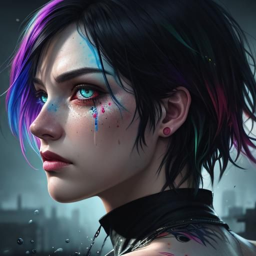 Crying Figure with Heterochromia in Splash Art Style