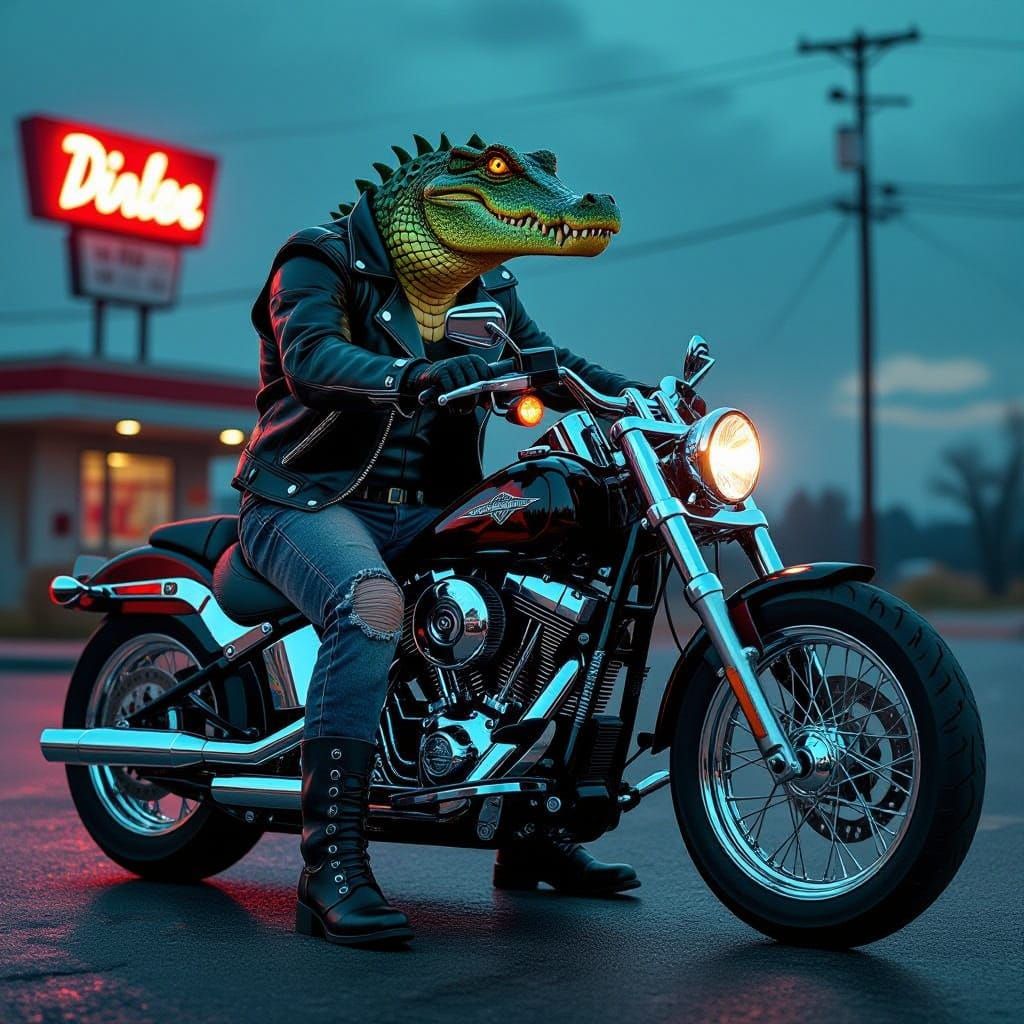 Crocodile Biker on Harley Motorcycle in Neon Diner