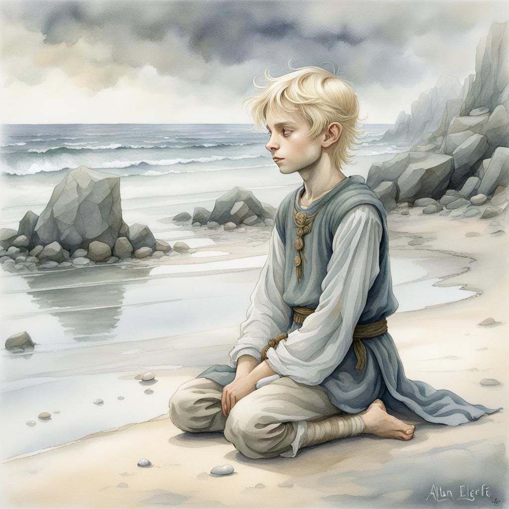 Whimsical Half-Elf Boy on a Dreamy Beach