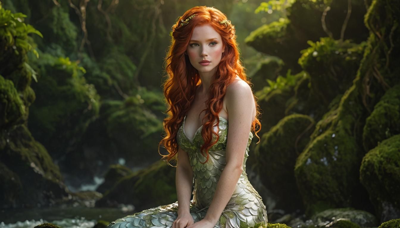 Redhead Mermaid Portrait in Art Nouveau Style