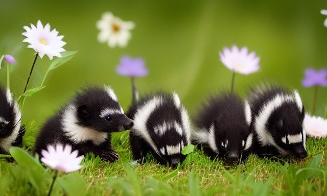Baby Skunks in Flowery Meadow: Professional Photography