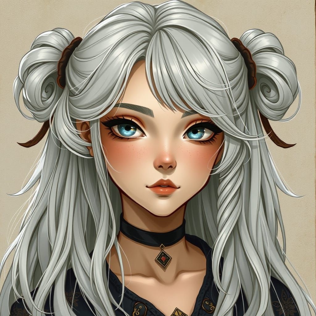 Silver-Haired Woman with Pigtails in Fantasy Style
