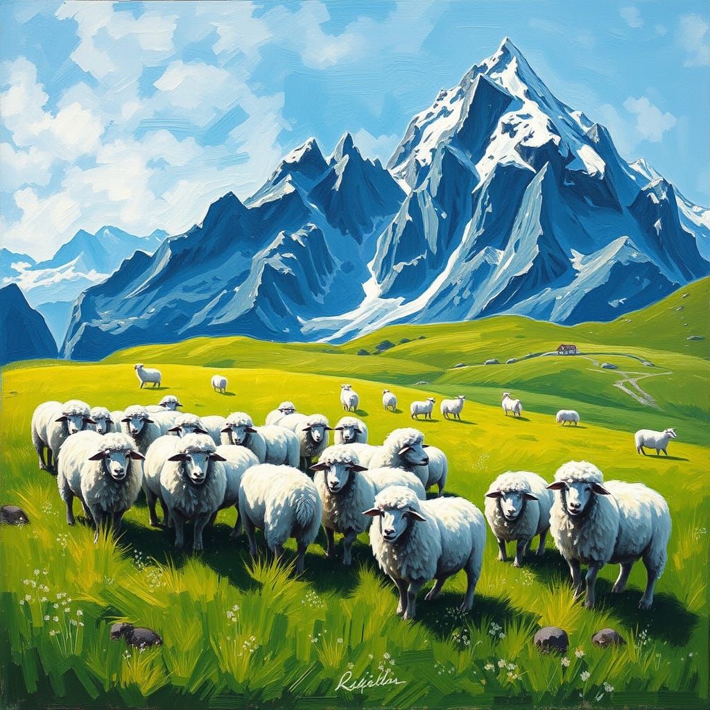 Whimsical Sheep in Swiss Alps Meadow, Impressionist Style