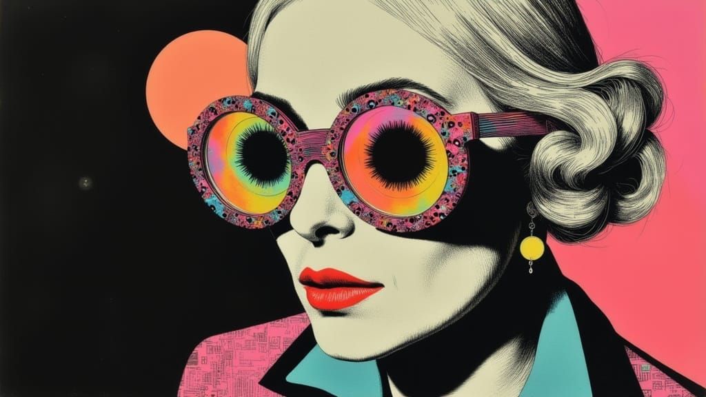 Iris Apfel Portrait Sketch with Kaleidoscopic Eyeglass Refle...