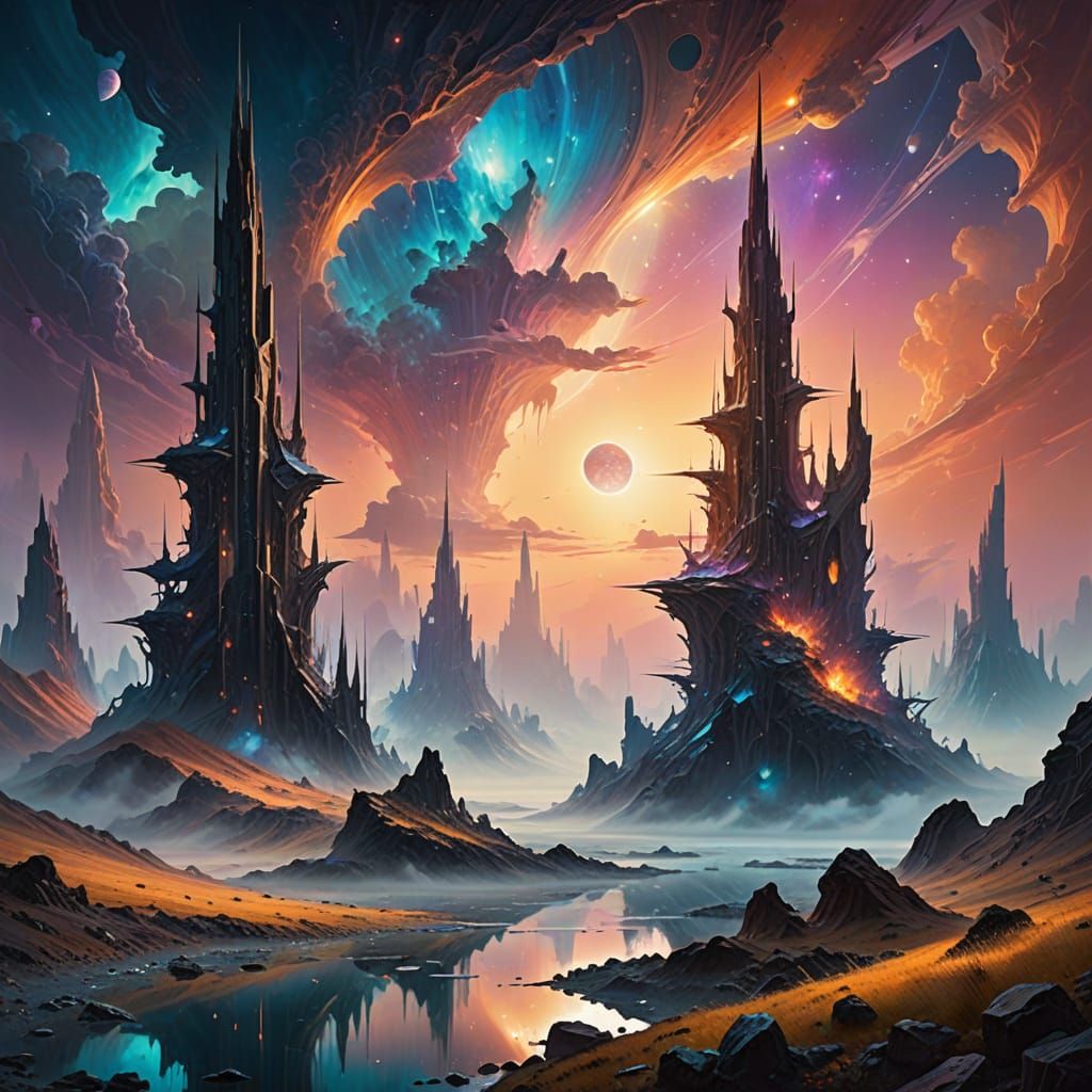 Ethereal Alien World with Crystal Spires in Dreamy Oil Paint...