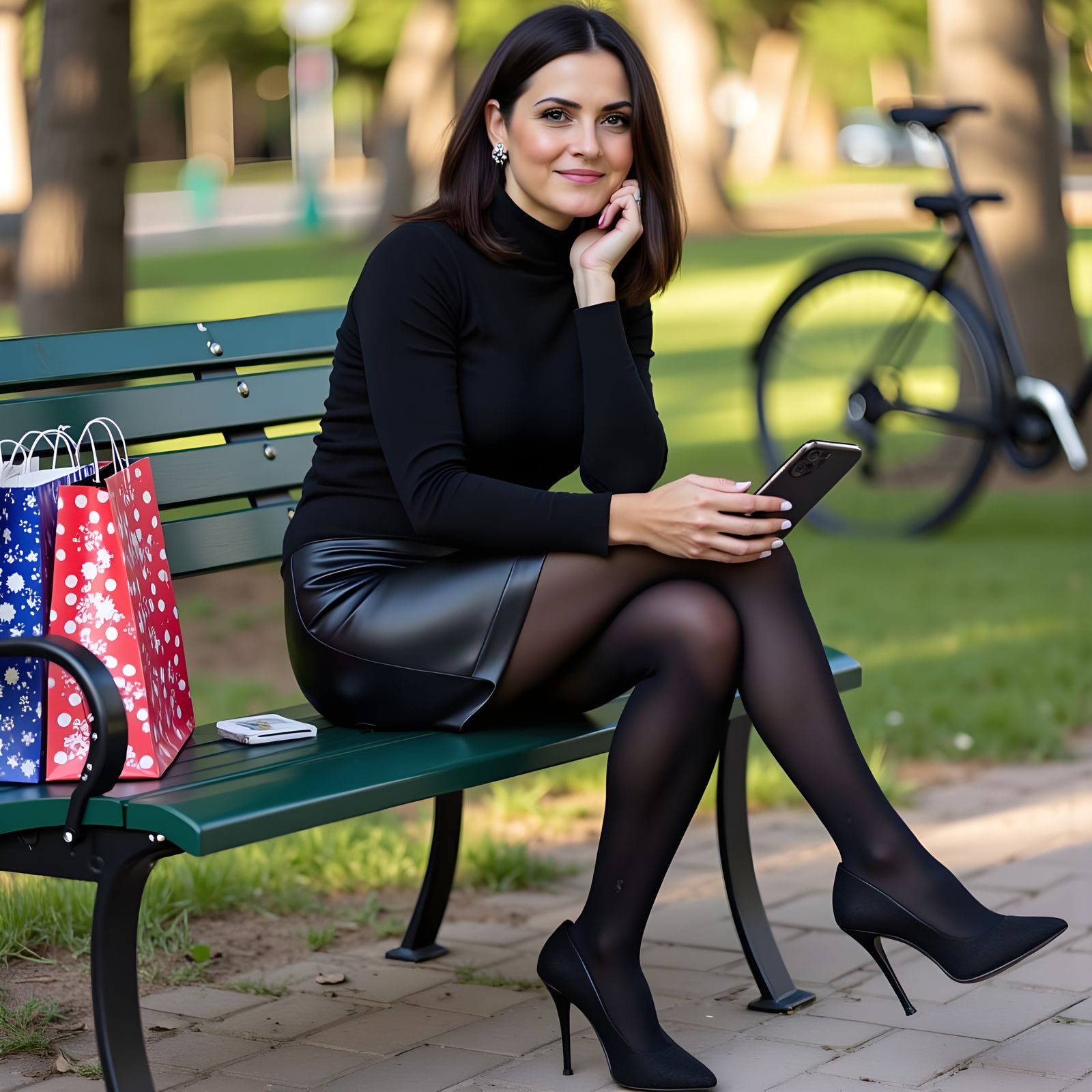 Elegant Woman in Park Bench Setting