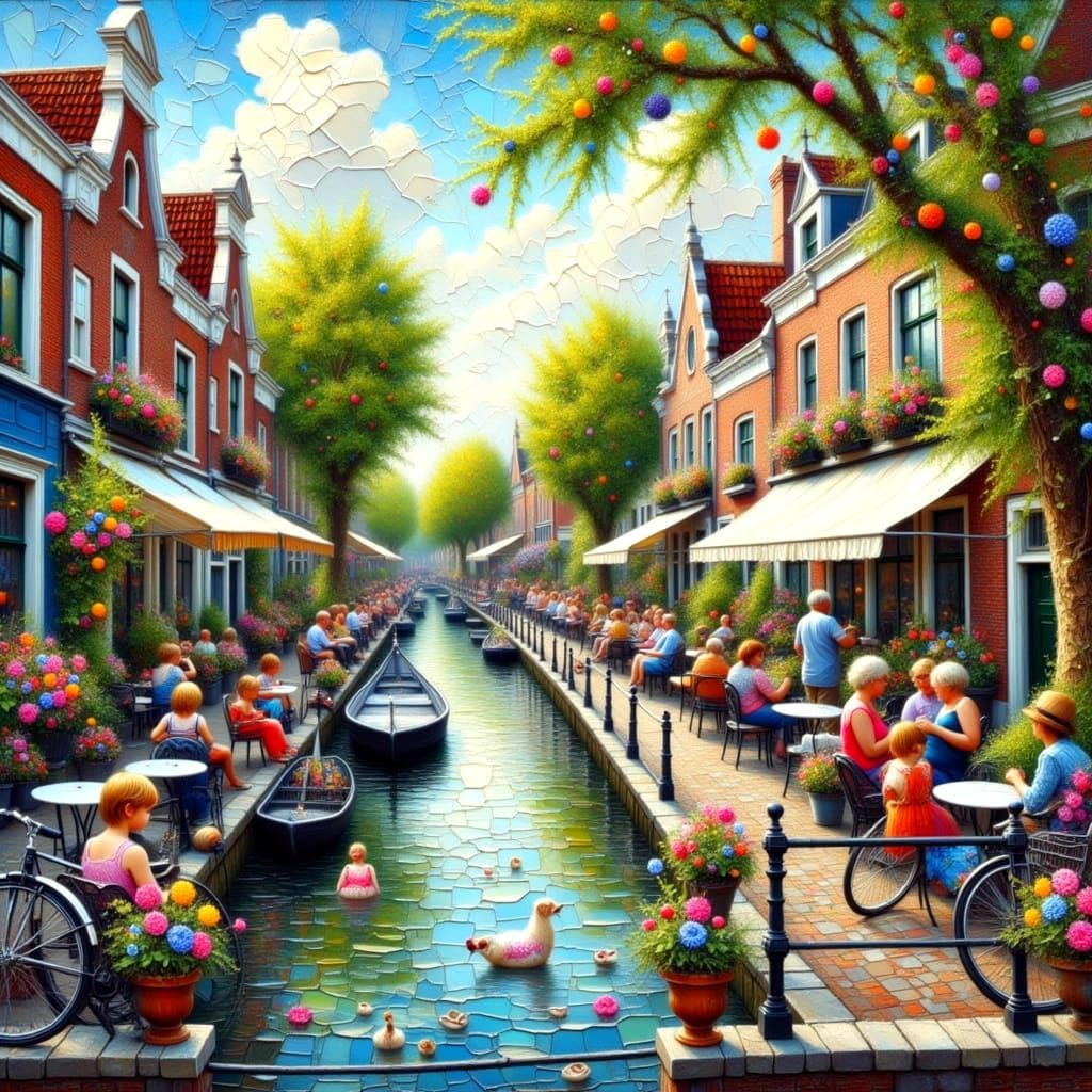 Charming Dutch Canal Scene in Vibrant Impasto Style