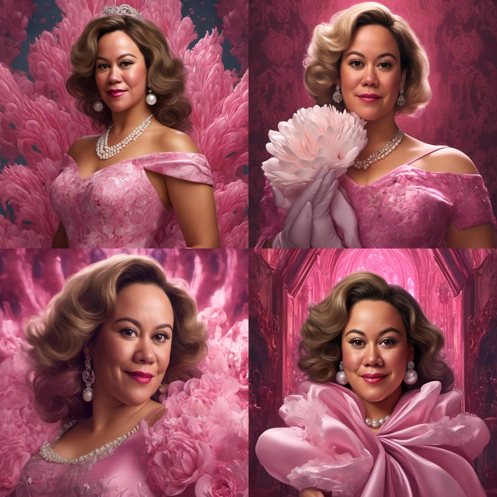 <lora:My face:1.0> Me in a pink Marilyn Monroe dress with white pearls and long white silk gloves