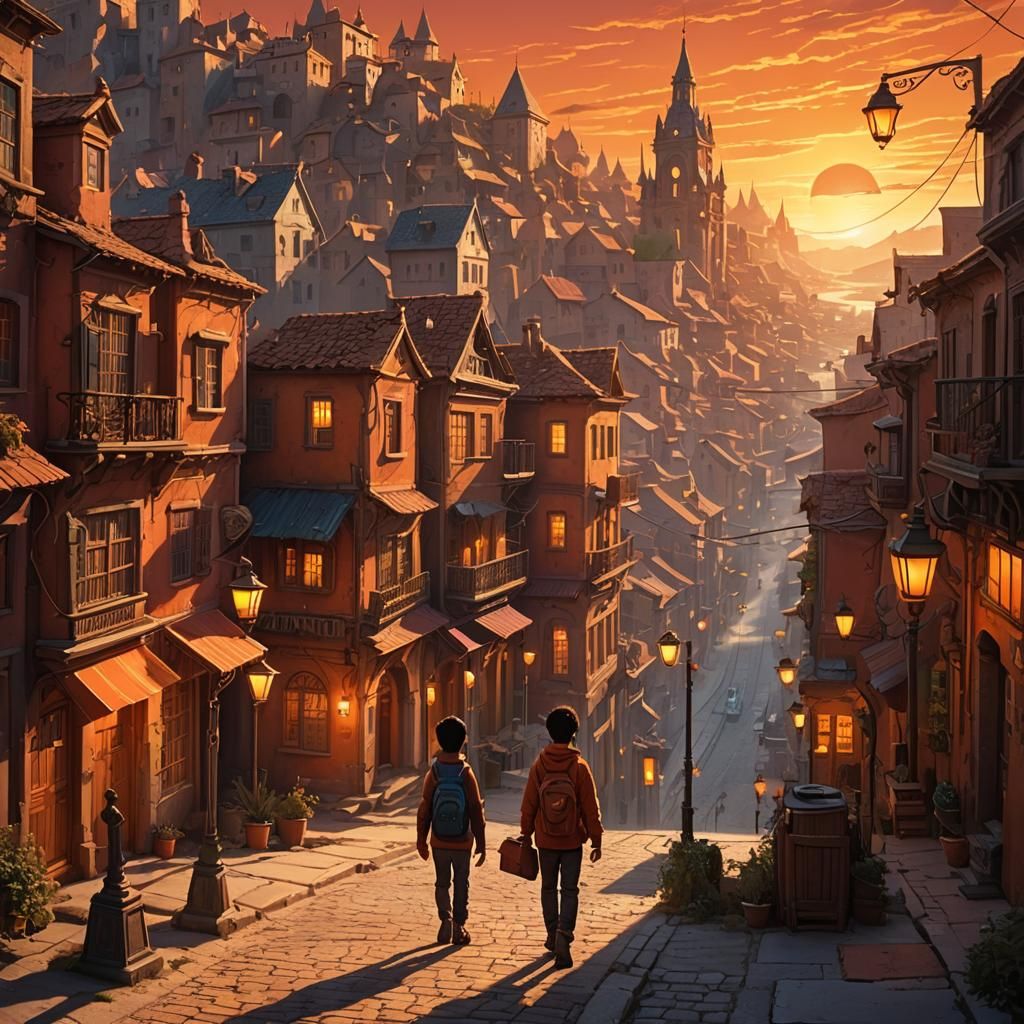Sunset Walk Home in a Fantastical Town