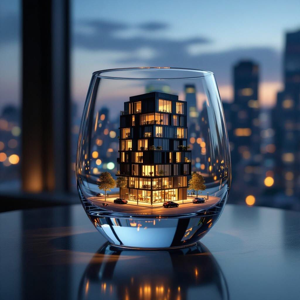 Hyperrealistic Ice Cube with Miniature City Inside