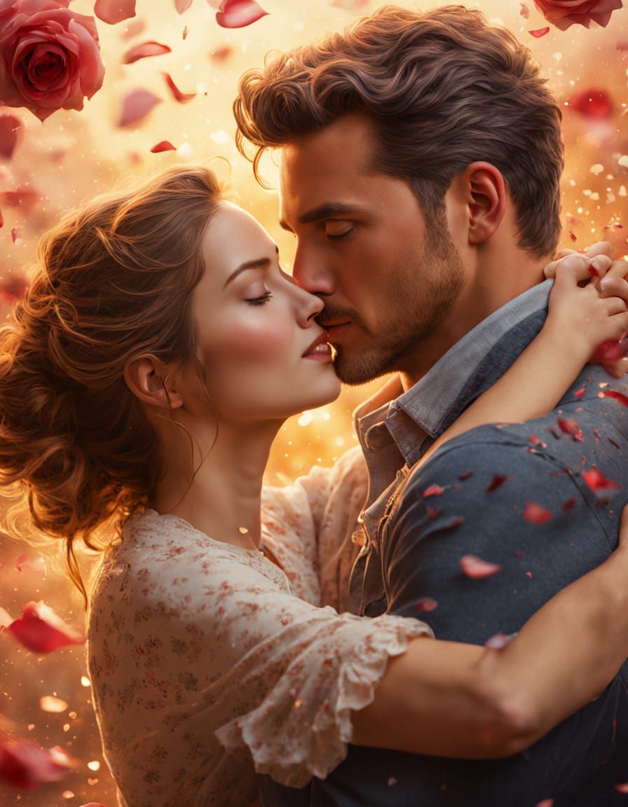Romantic Couple Embracing in Vibrant Rose Petal Surroundings