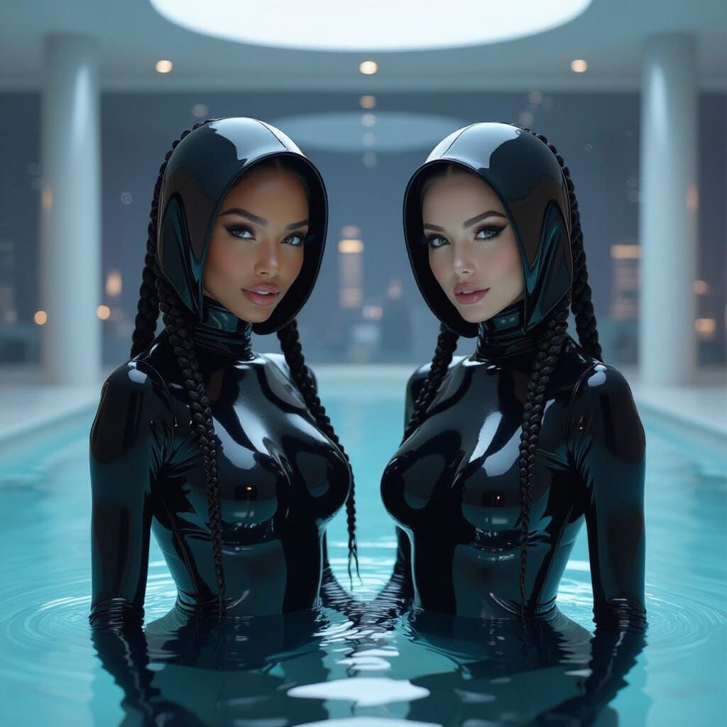 Futuristic Women in Latex Catsuits by Pool