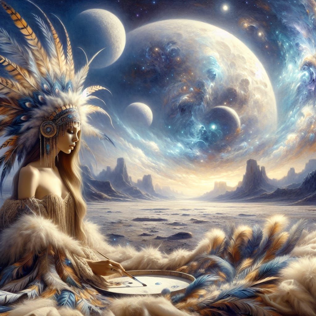 Surreal Shaman Woman in Lunar Oil Painting