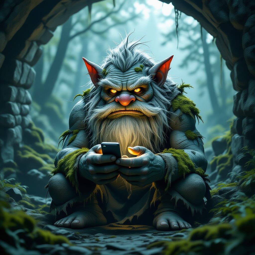 Folklore Troll with Smartphone in Hyperrealistic Style