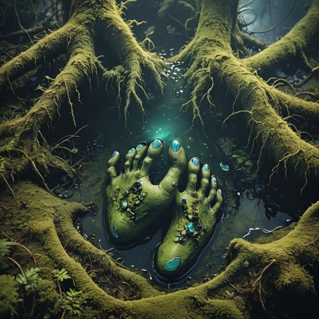 Bizarre Fantasy: Bioluminescent Toes in Murky Swamp