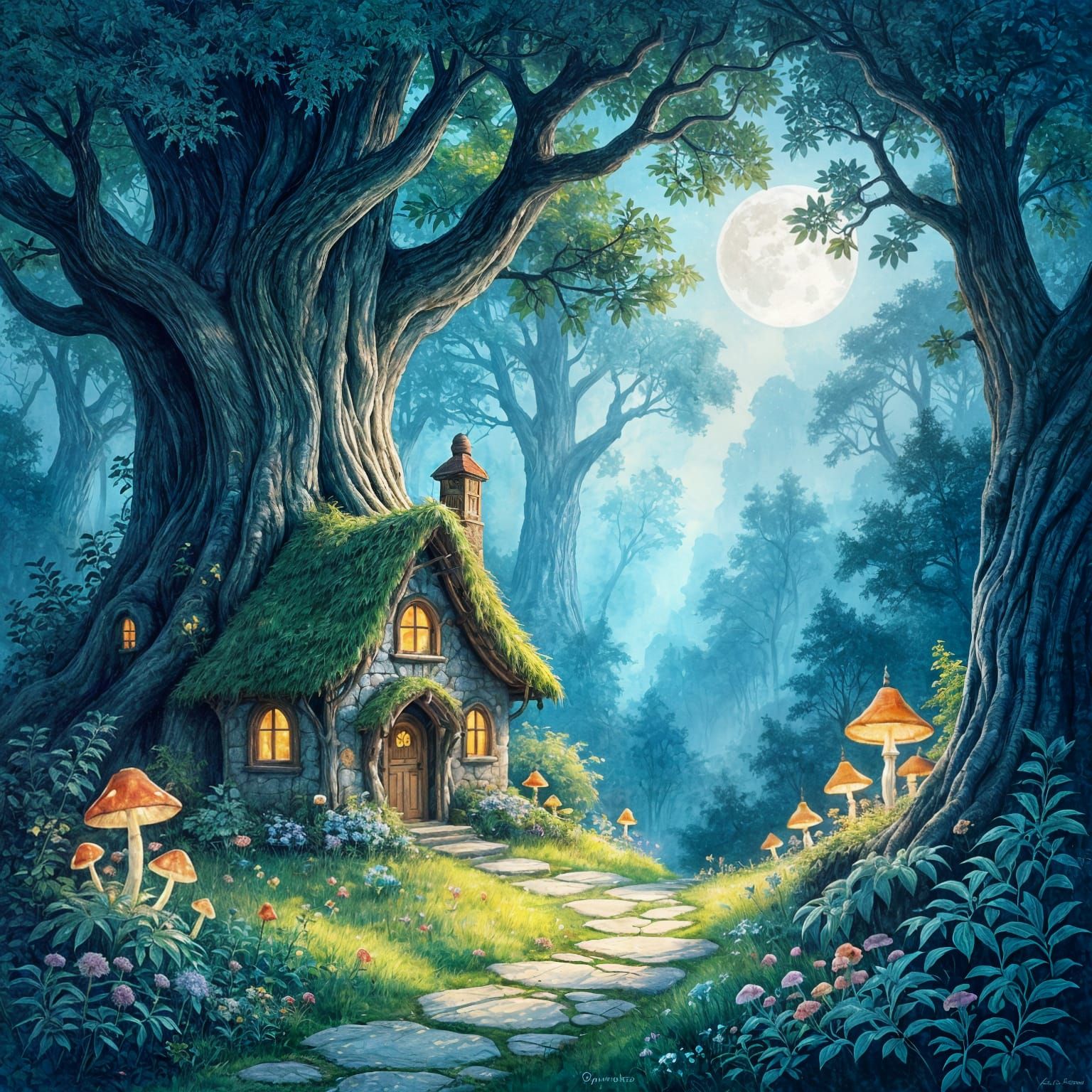 Hidden Cottage in Moonlit Forest Watercolor Illustration