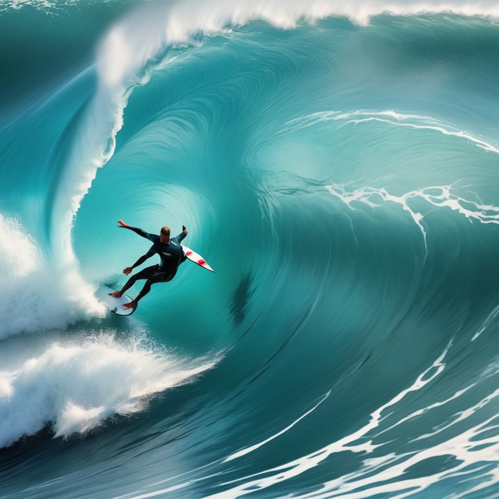 Surfing a Big Aqua Wave in Hyperrealistic Style
