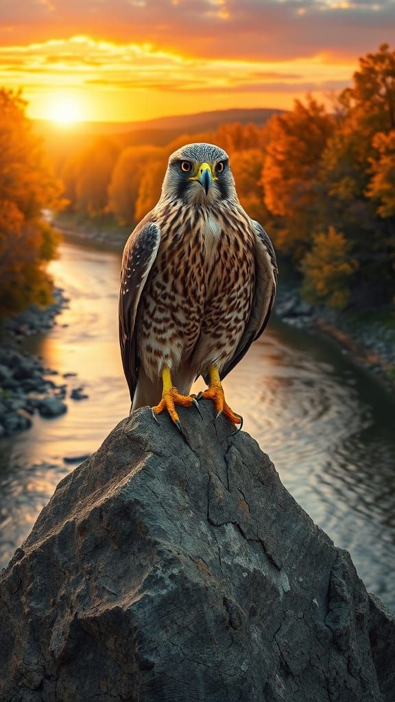 hyperdetailed photorealistic falcon perched on a rock, background autumn winding river, dazzling sunset, rich colors, wi...