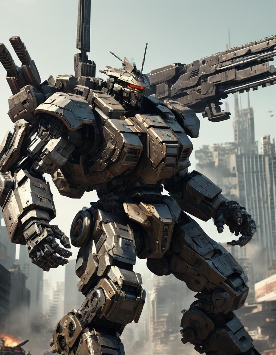 Armored Mech Warrior in Dystopian City