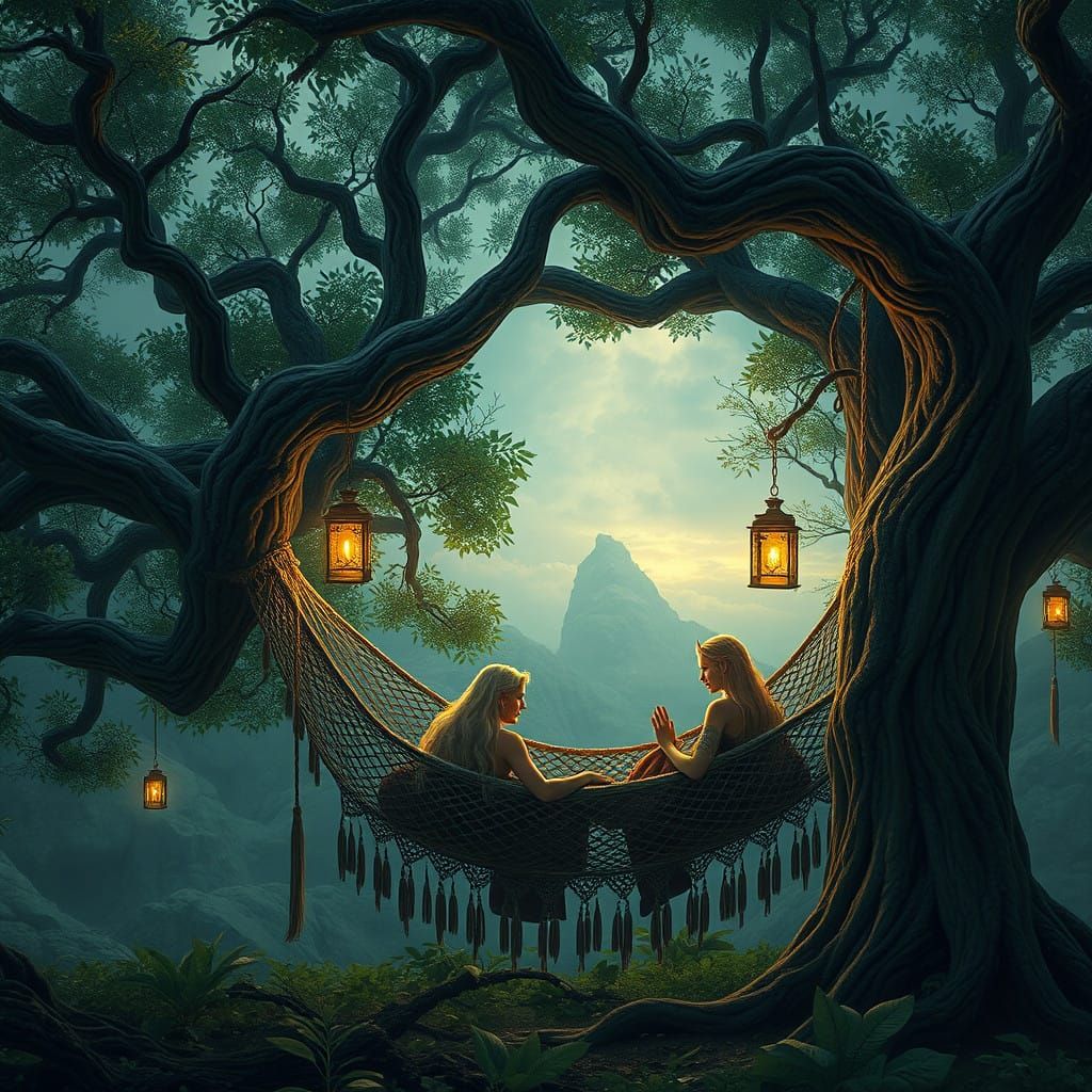 Mystical Beings in Majestic Hammocks Amidst Ancient Trees