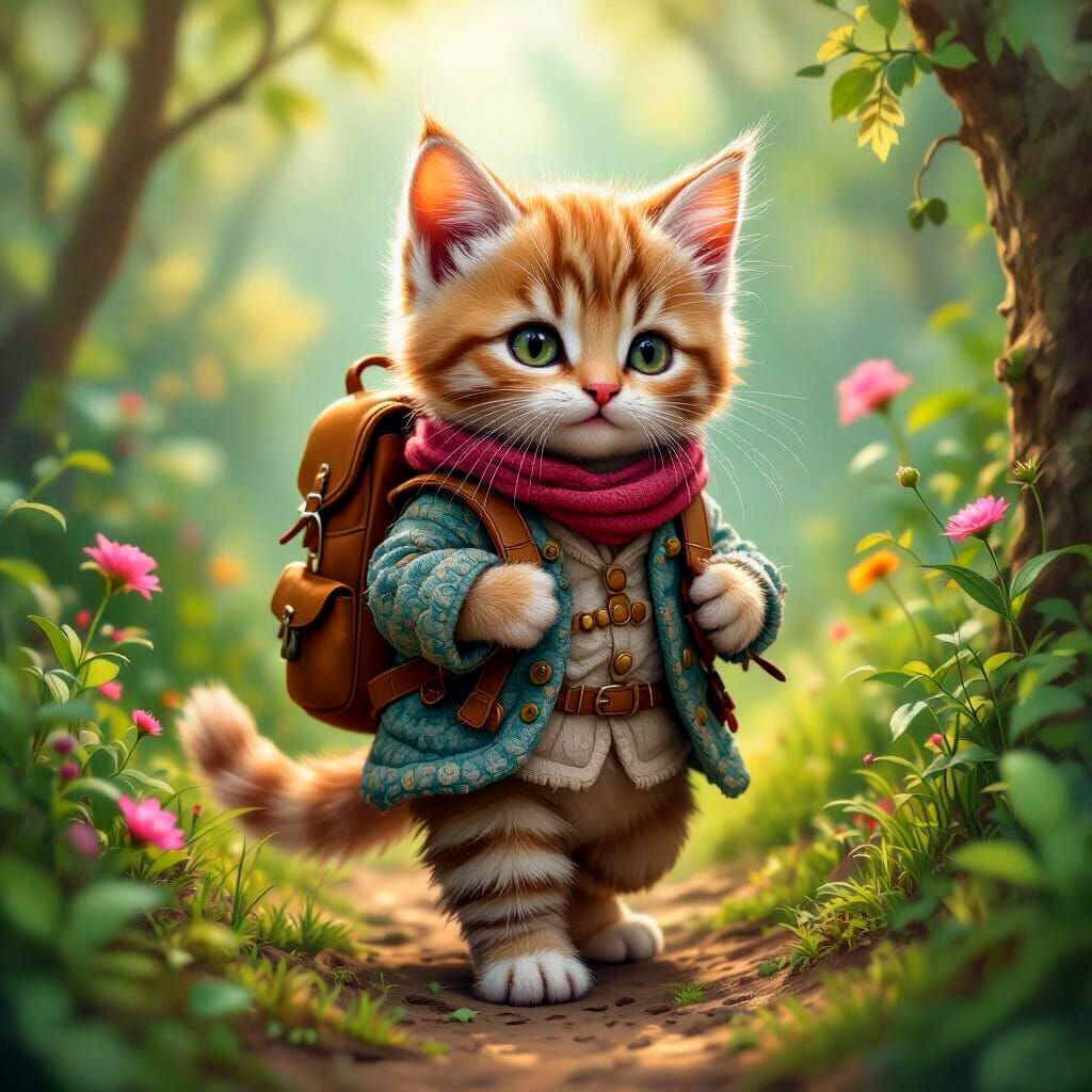 Anthropomorphic Kitten's Adventure in Detailed 3D Rendering
