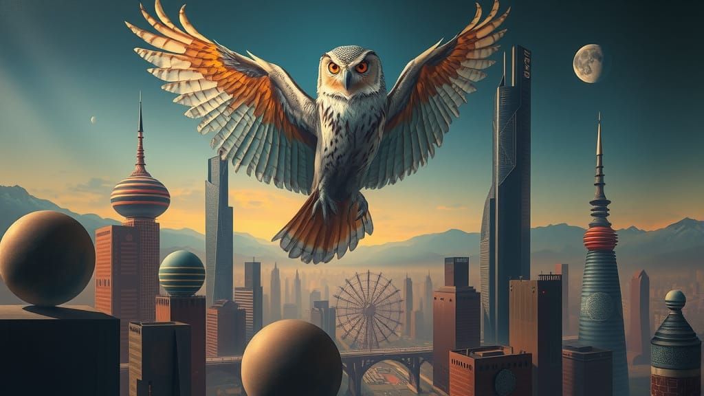 Giant Owl Guards Mythic Melting City in Dali Style