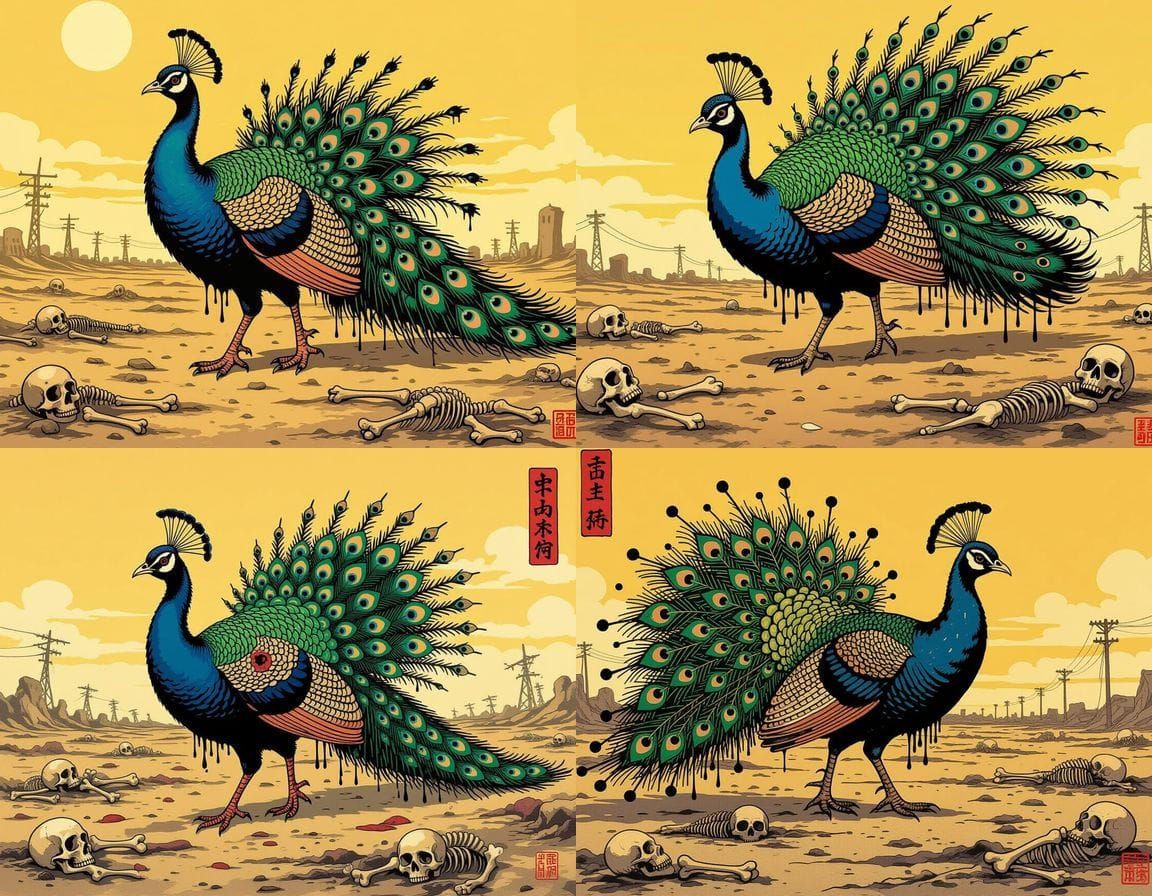 Mutated Peacock-Porcupine in Ukiyo-e Kawaii Style