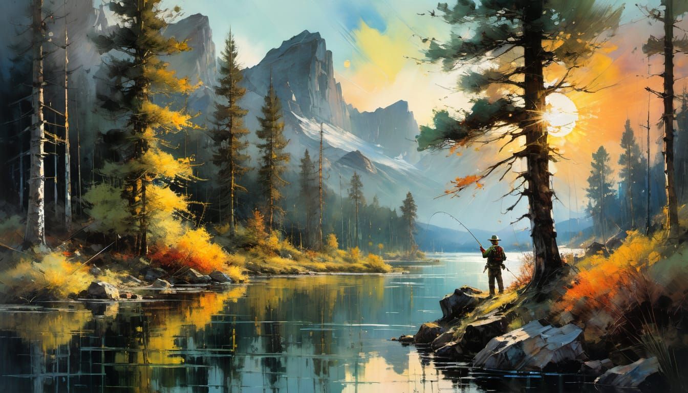 Surreal Sunset Forest Scene with Fly Fisherman in Impression...