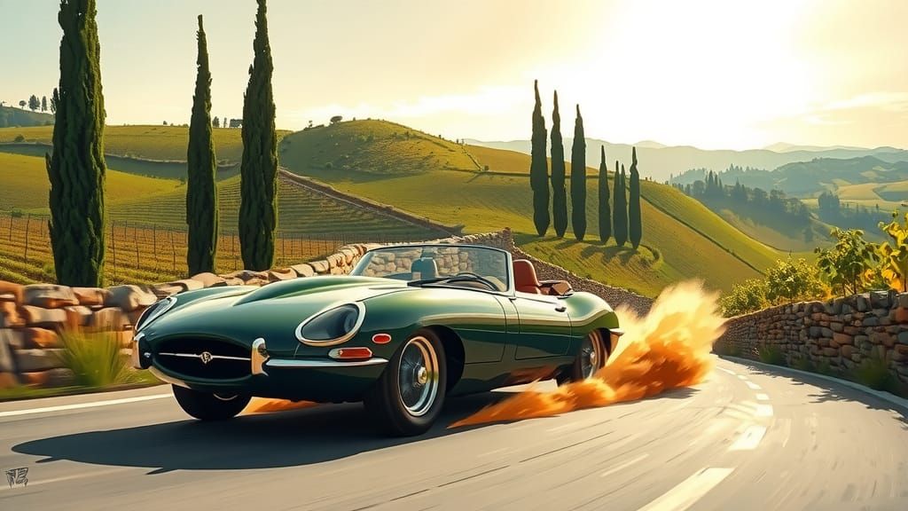 Jaguar E-Type Races Through Tuscany, Impressionist Style